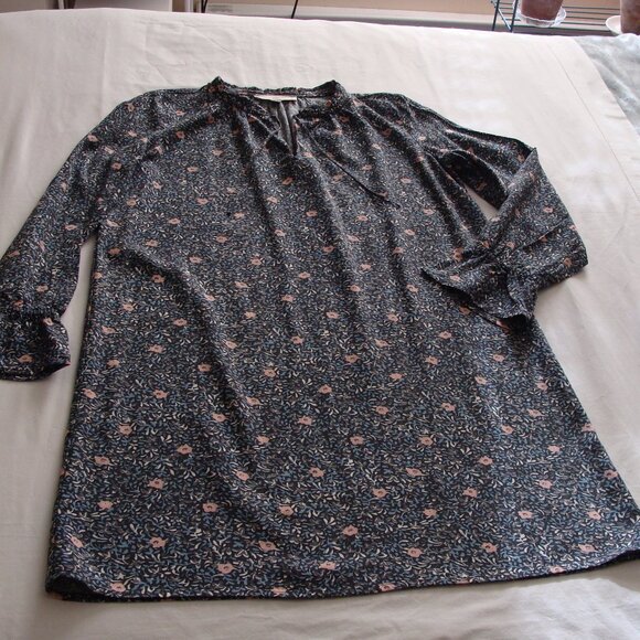 ANN TAYLOR LOFT Blue-Gray & Pink Long Sleeve FLORAL Shift Dress Sz SMALL - Picture 1 of 8